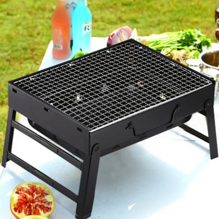 Black folding portable charcoal barbecue rack with iron chrome plated grill, 35x27 cm cooking area