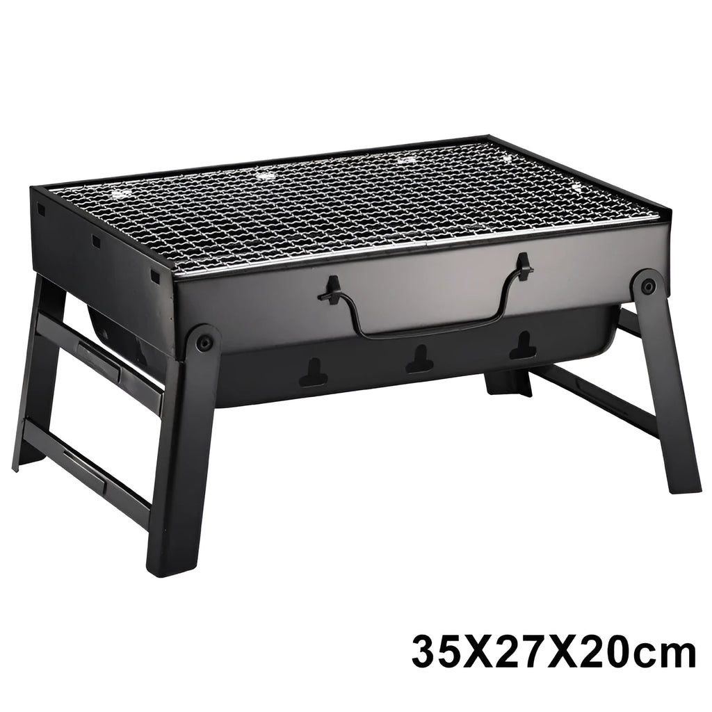 Black folding portable charcoal barbecue rack with iron chrome plated grill, 35x27 cm cooking area