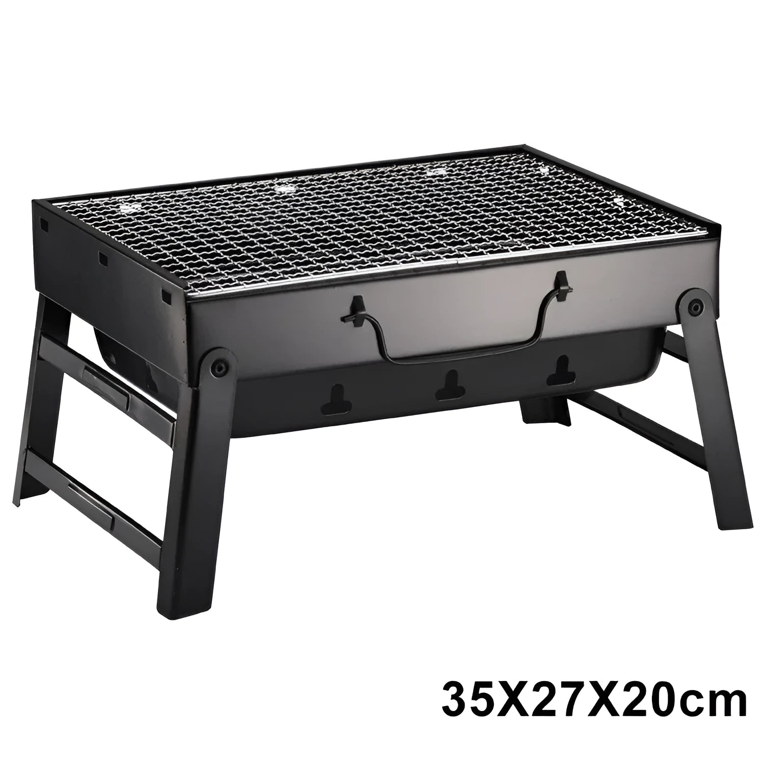 Black folding portable charcoal barbecue rack with iron chrome plated grill, 35x27 cm cooking area