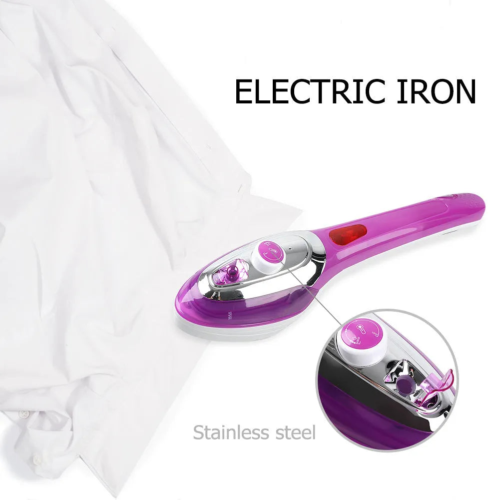 Purple handheld steam iron with stainless steel and ABS body, 40*14*11cm, 900-1000W, with bracket