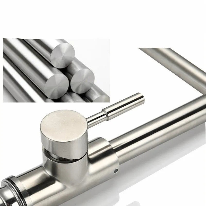 Silver stainless steel kitchen mixer tap with dual levers and rotating spout