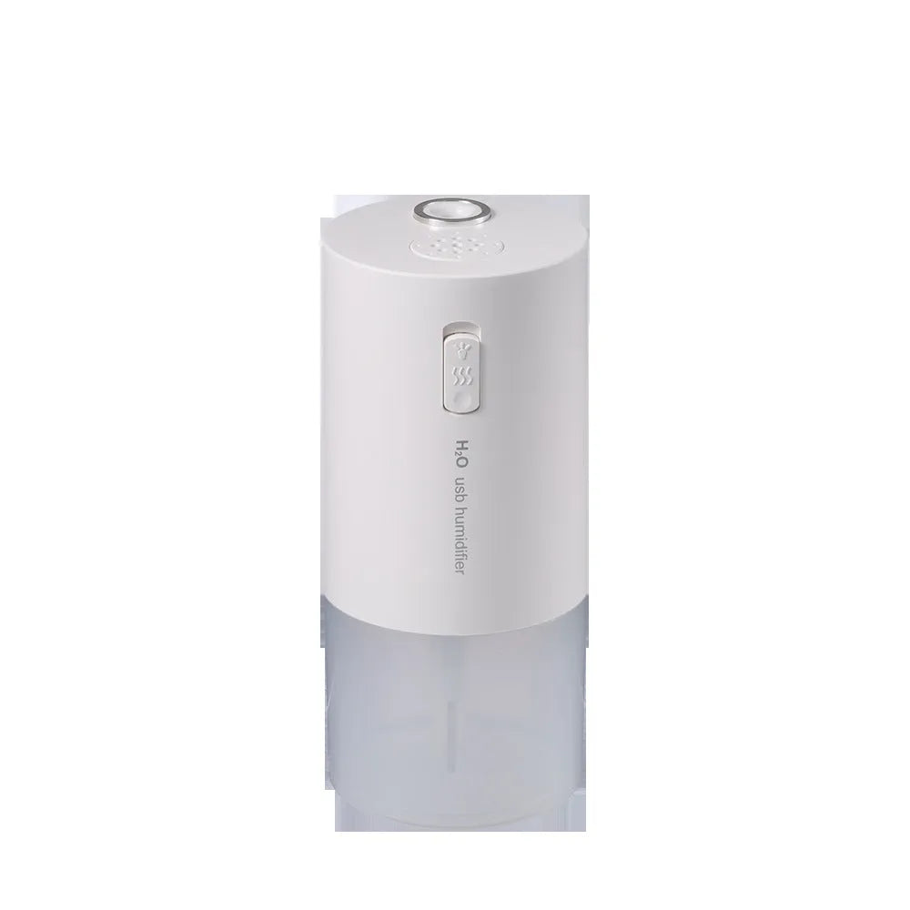 Blue columnar USB desktop humidifier with 1-litre water tank on wooden table