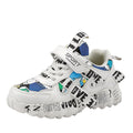 Boys Velcro sports sneakers in beige blue and white red colour options showing rubber sole.