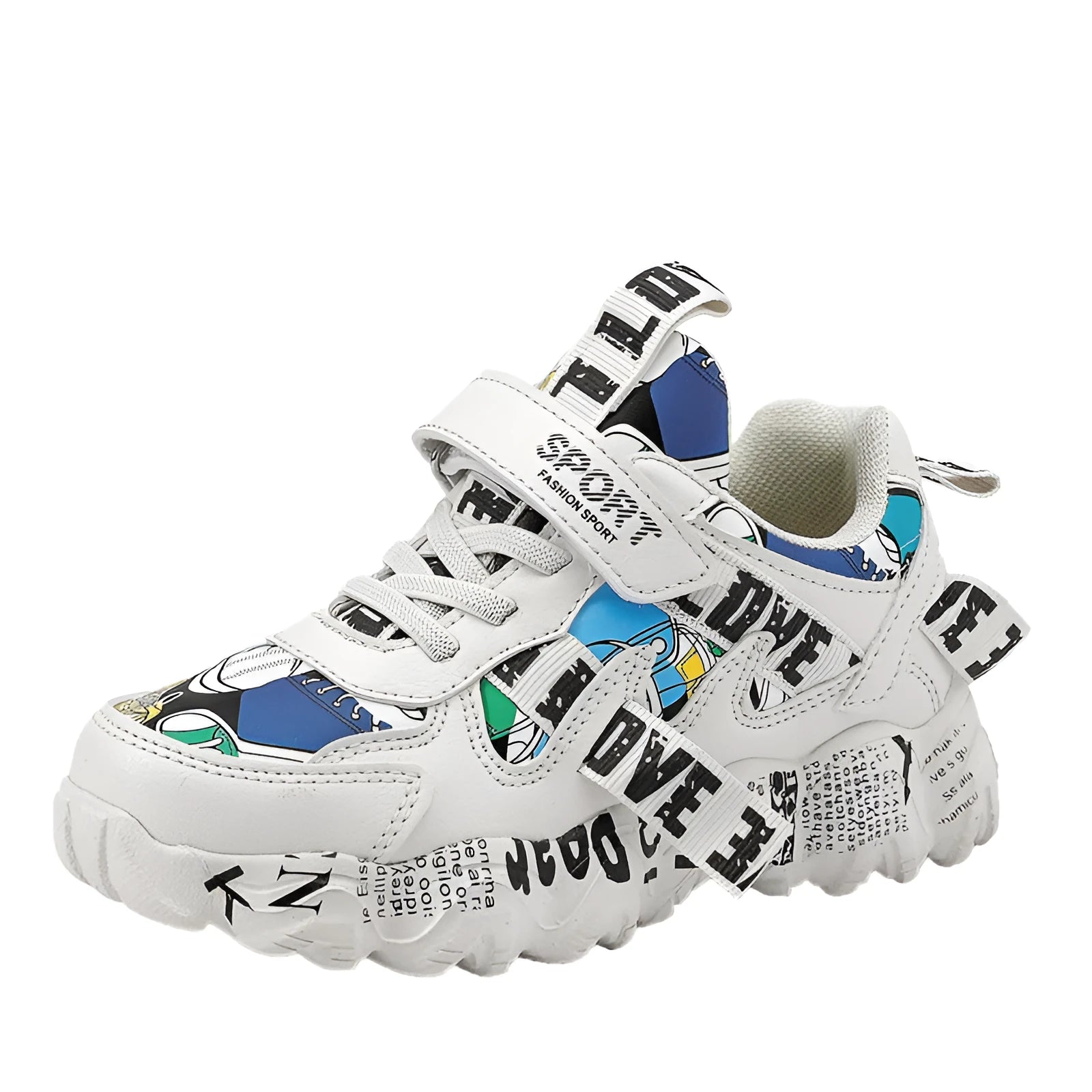 Boys Velcro sports sneakers in beige blue and white red colour options showing rubber sole.
