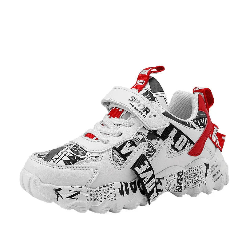 Boys Velcro sports sneakers in beige blue and white red colour options showing rubber sole.
