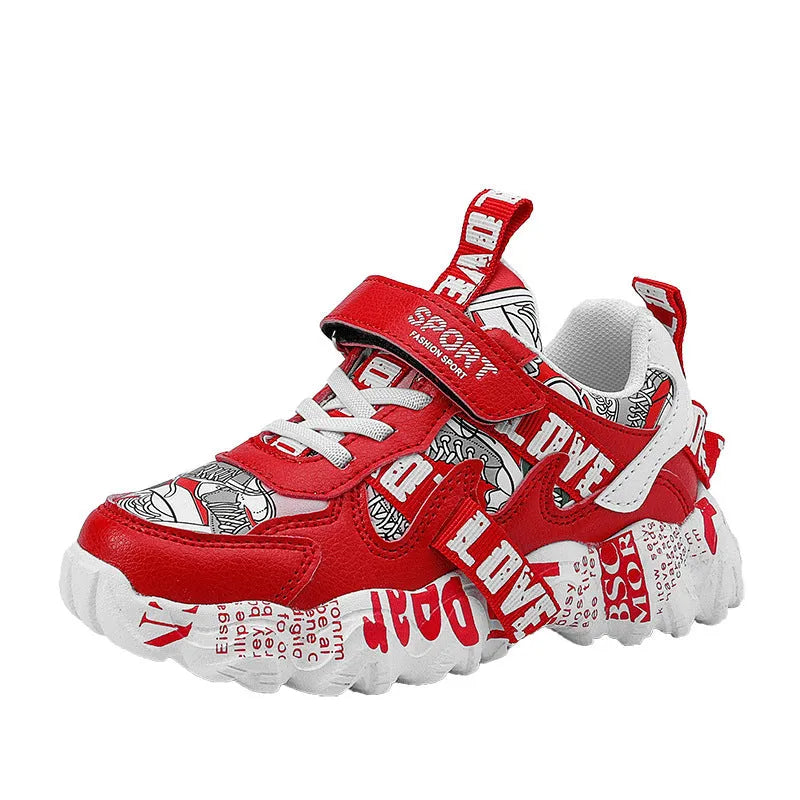 Boys Velcro sports sneakers in beige blue and white red colour options showing rubber sole.