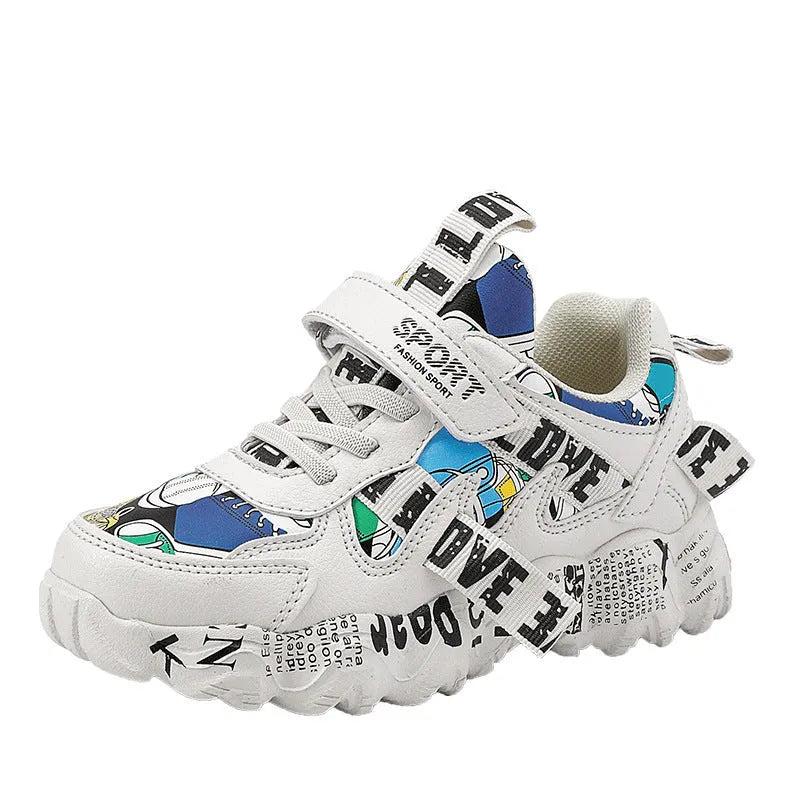 Boys Velcro sports sneakers in beige blue and white red colour options showing rubber sole.