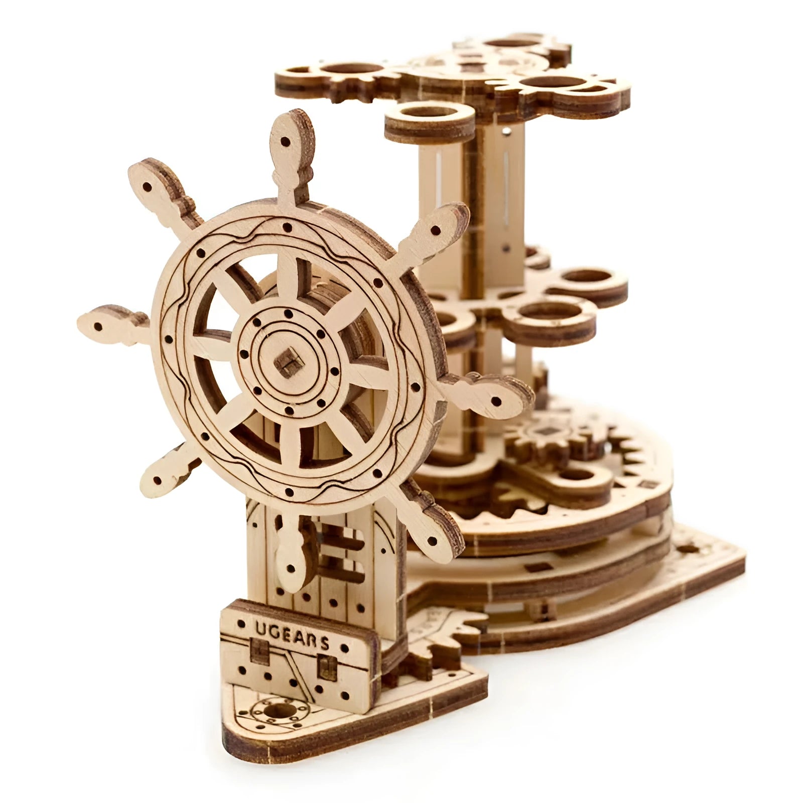 Ukrainian wooden rotating pen holder model kit with steering wheel, shown disassembled for building.
