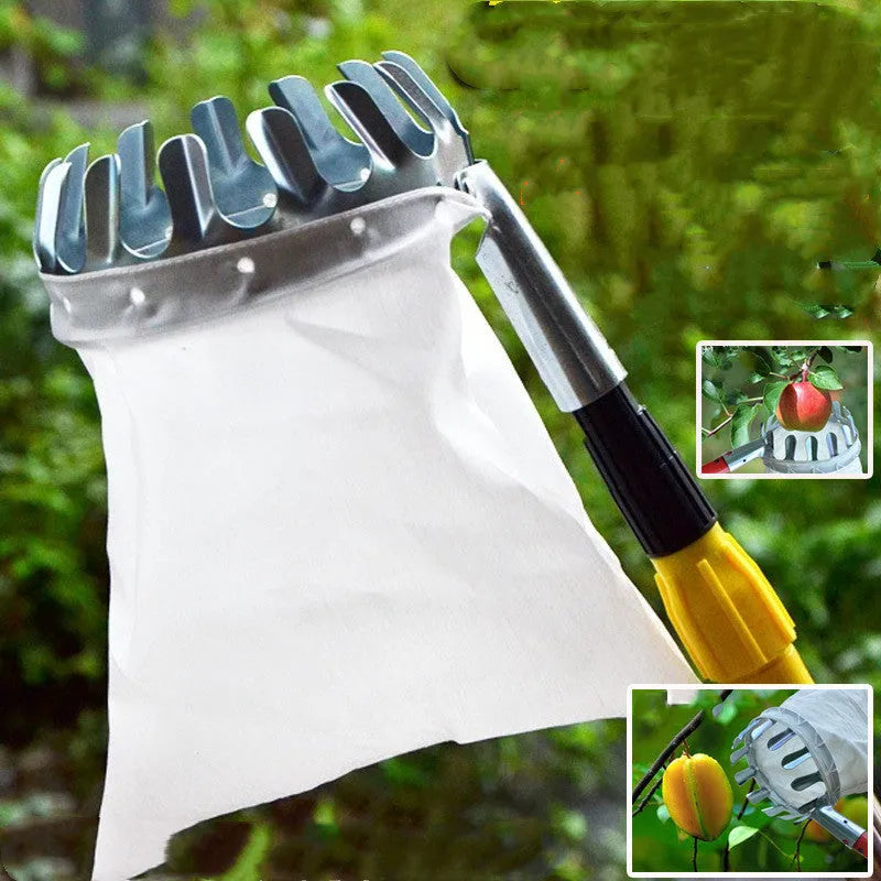 Steel basket fruit picker with cloth catcher bag for garden harvesting