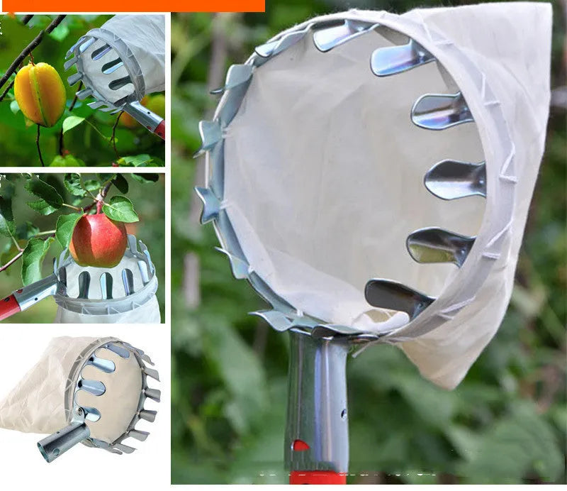 Steel basket fruit picker with cloth catcher bag for garden harvesting