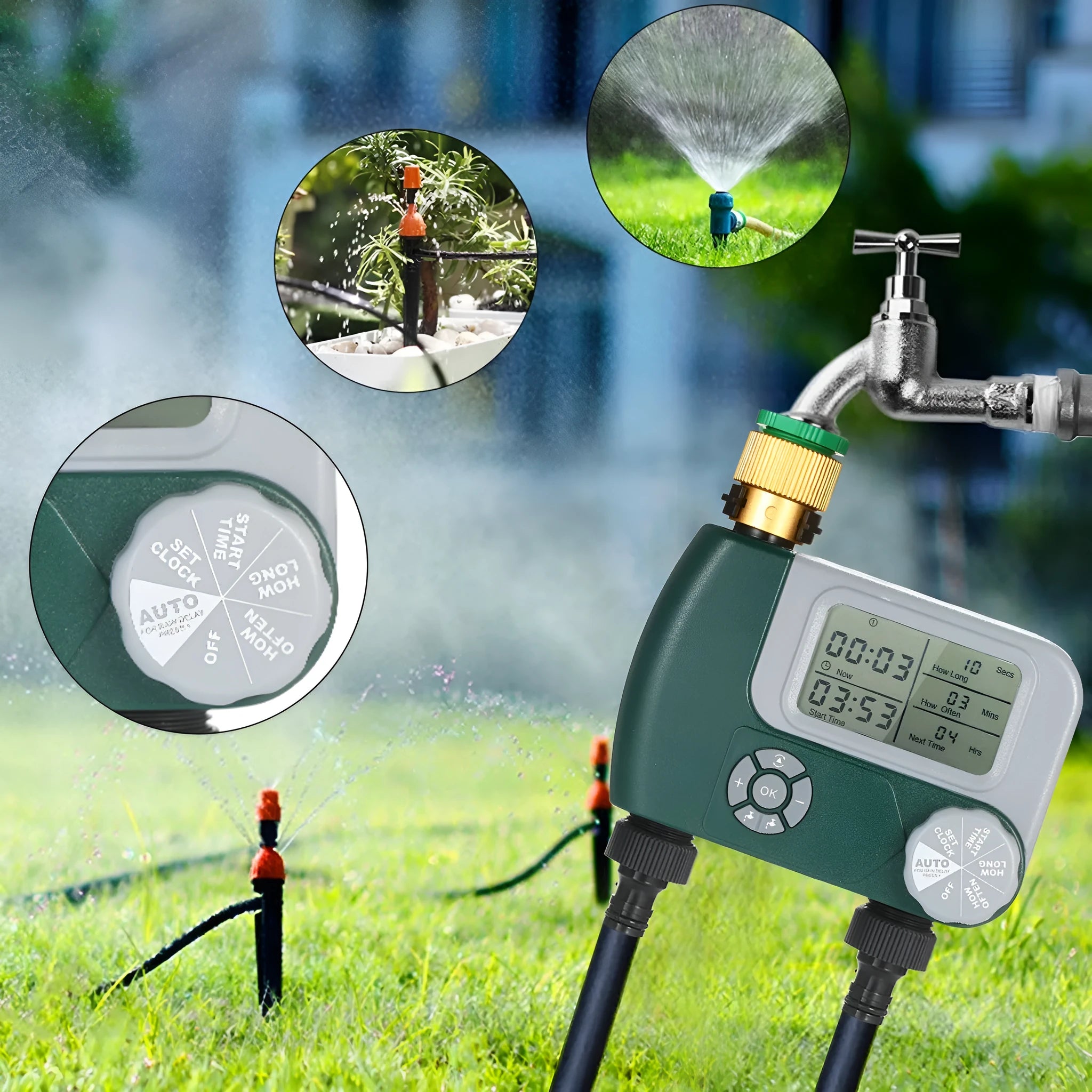 Green programmable digital garden hose timer with dual outlets and large LCD display connected to a faucet.