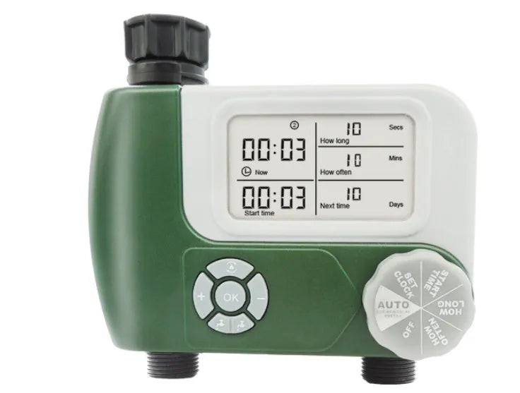 Green programmable digital garden hose timer with dual outlets and large LCD display connected to a faucet.