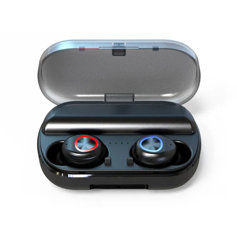 Black sports wireless Bluetooth headset with V8 earphone shell design showing earplug wearing type