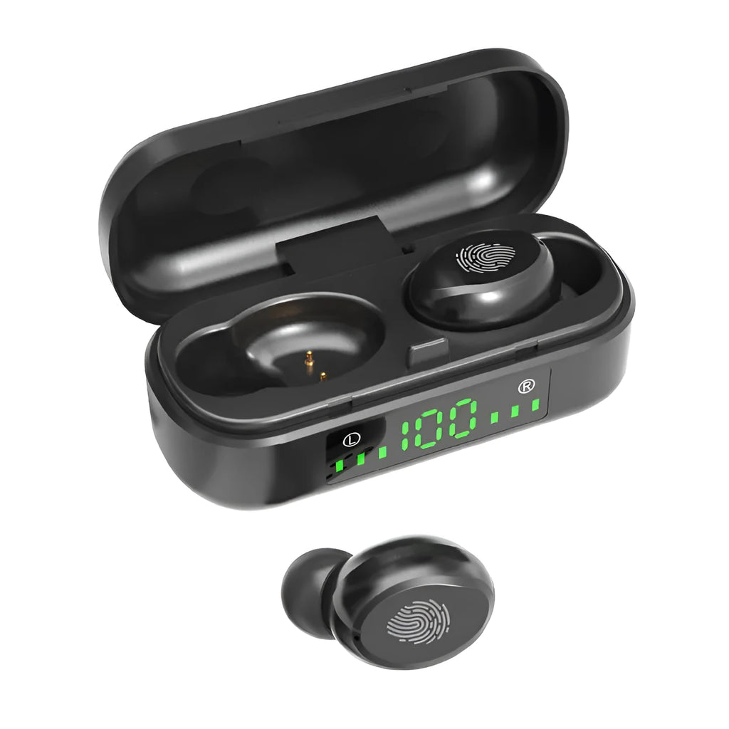 Black sports wireless Bluetooth headset with V8 earphone shell design showing earplug wearing type
