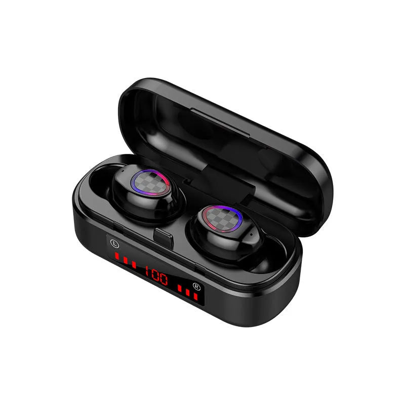 Black sports wireless Bluetooth headset with V8 earphone shell design showing earplug wearing type