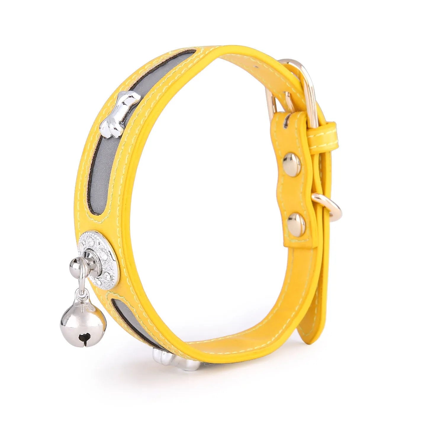 Reflective PU dog and cat collar with bone mark pattern in black, adjustable 25-32cm neck size