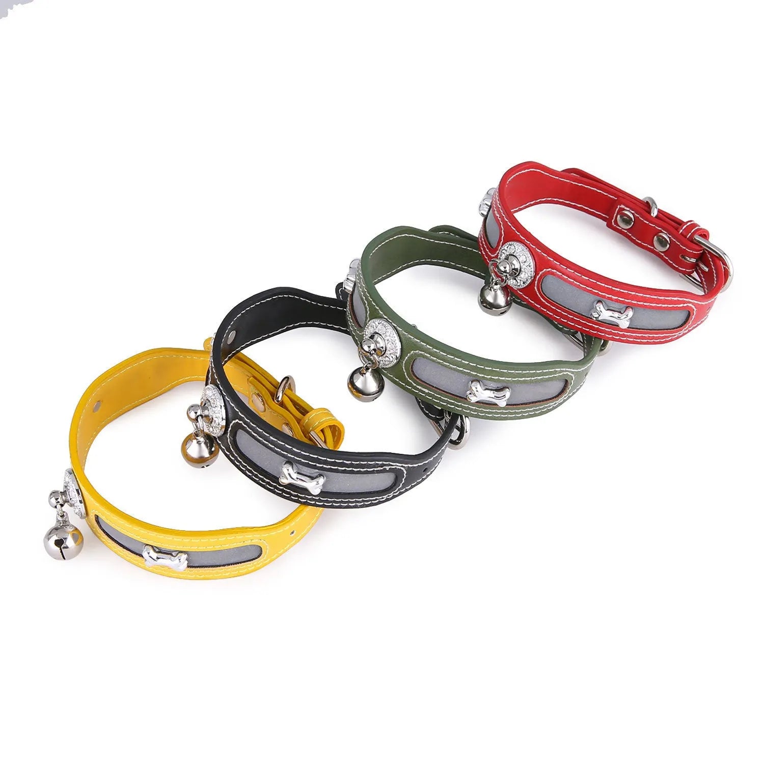 Reflective PU dog and cat collar with bone mark pattern in black, adjustable 25-32cm neck size