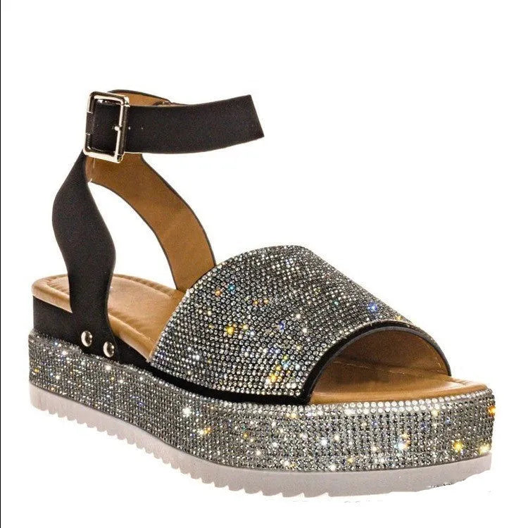 Rhinestone platform sandals for women in black with PU upper and rubber sole