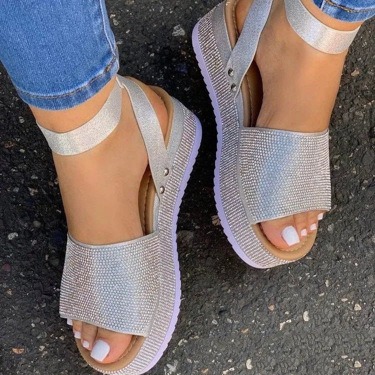 Rhinestone platform sandals for women in black with PU upper and rubber sole