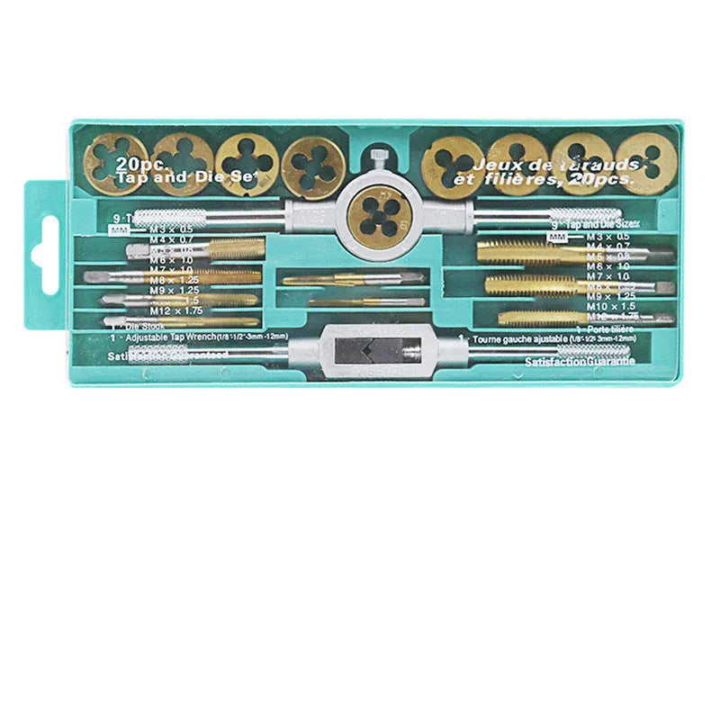 Tap and die hand tool set with alloy steel metric taps and dies in a 20-piece kit.