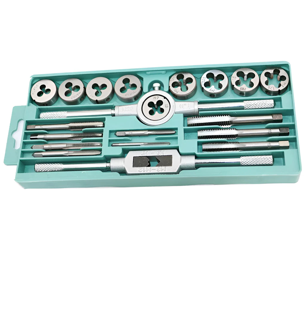 Tap and die hand tool set with alloy steel metric taps and dies in a 20-piece kit.