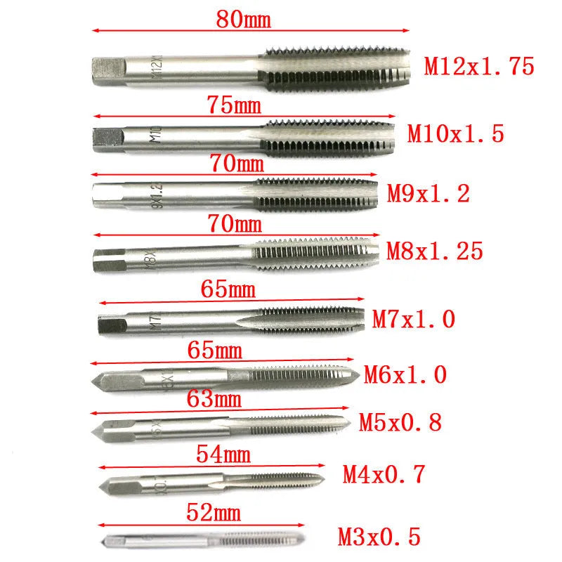 Tap and die hand tool set with alloy steel metric taps and dies in a 20-piece kit.