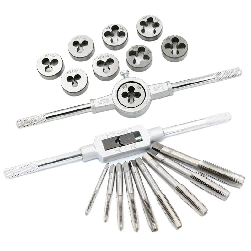 Tap and die hand tool set with alloy steel metric taps and dies in a 20-piece kit.