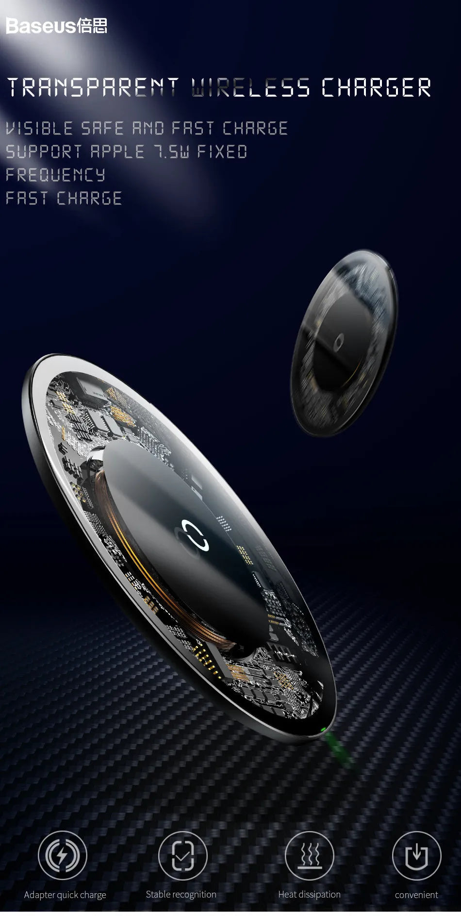 Ultra-thin wireless charger with glass transparent surface, available in black, white, or transparent, 2100mA fast charging.
