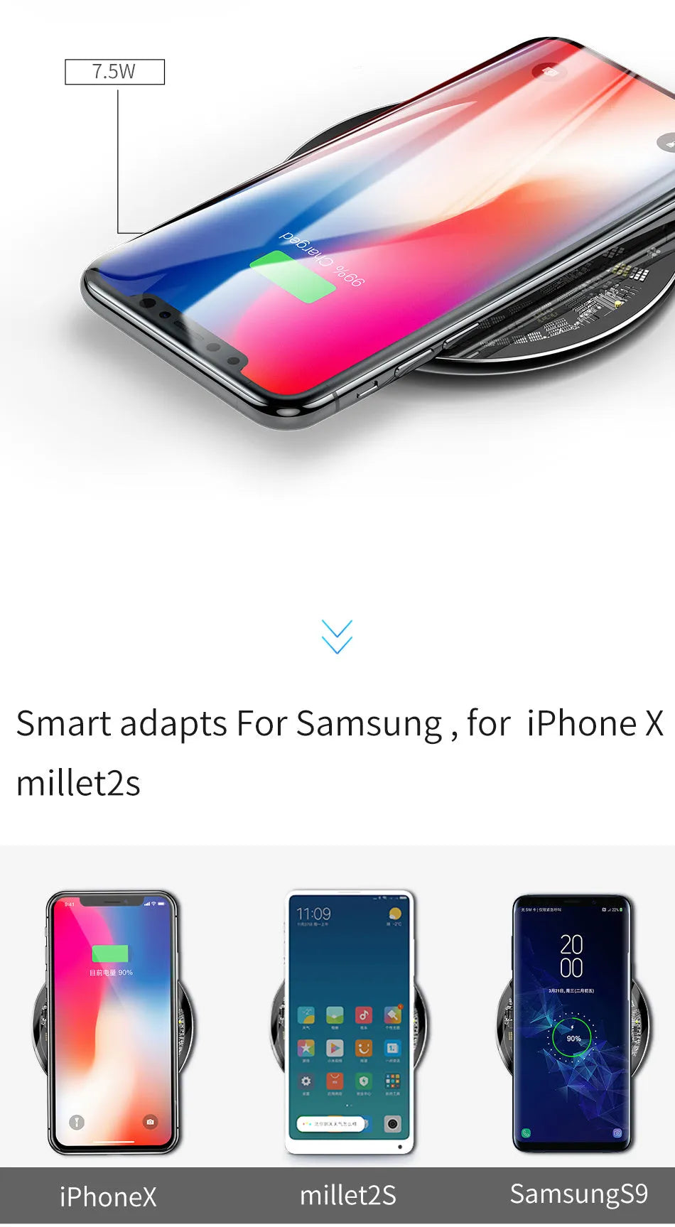 Ultra-thin wireless charger with glass transparent surface, available in black, white, or transparent, 2100mA fast charging.