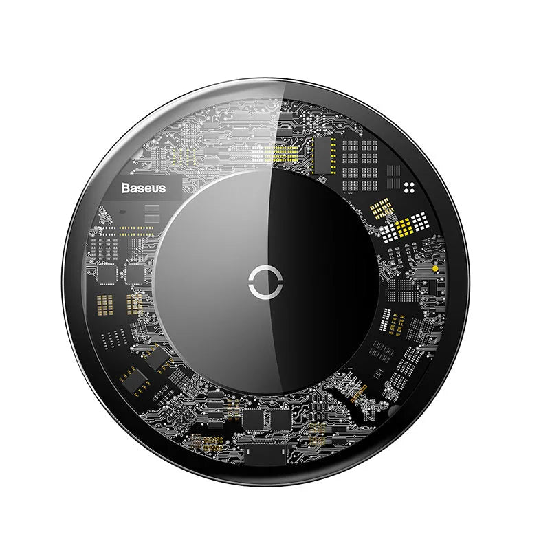 Ultra-thin wireless charger with glass transparent surface, available in black, white, or transparent, 2100mA fast charging.