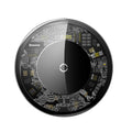 Ultra-thin wireless charger with glass transparent surface, available in black, white, or transparent, 2100mA fast charging.