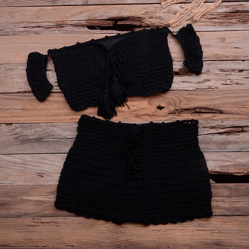 Women's knitted crochet bohemian bikini set in six colours including black white red blue khaki lake green