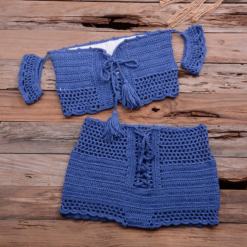 Women's knitted crochet bohemian bikini set in six colours including black white red blue khaki lake green