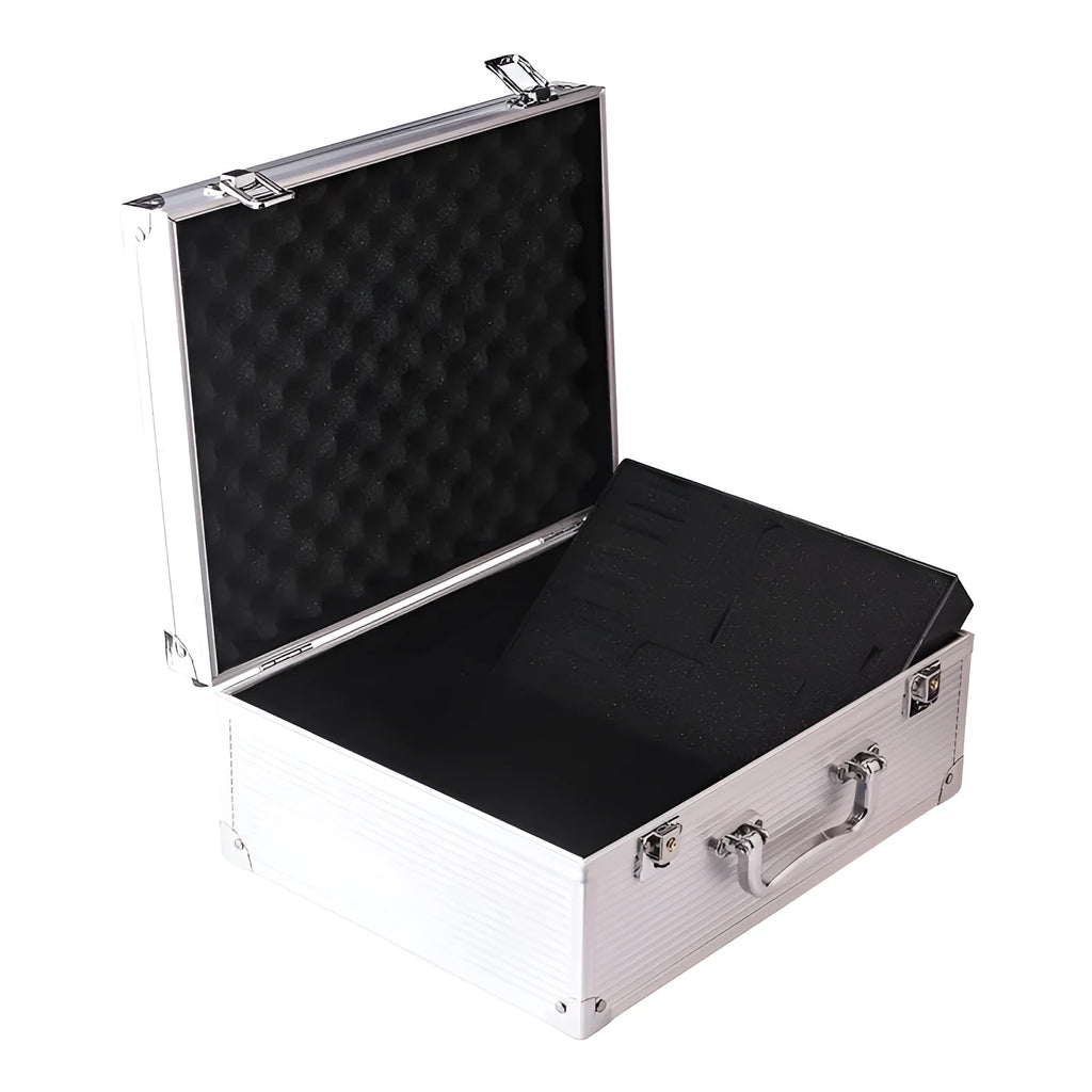 Black and silver aluminium alloy tattoo equipment storage box case for professional kits.