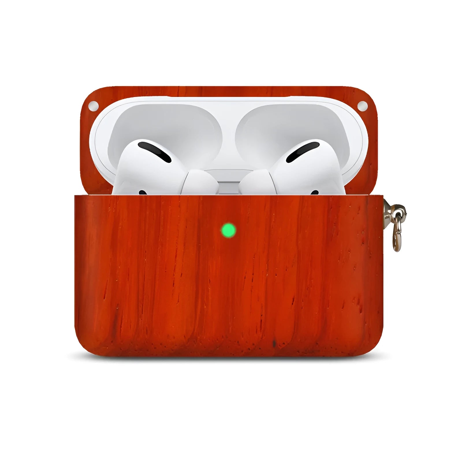Bluetooth wireless earphones with a solid wood log shell protective case in a walnut finish.