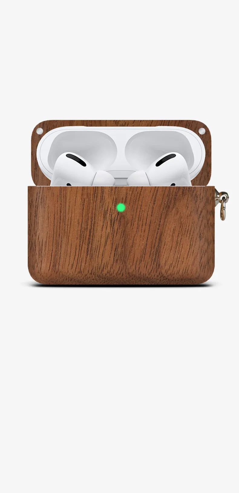 Bluetooth wireless earphones with a solid wood log shell protective case in a walnut finish.