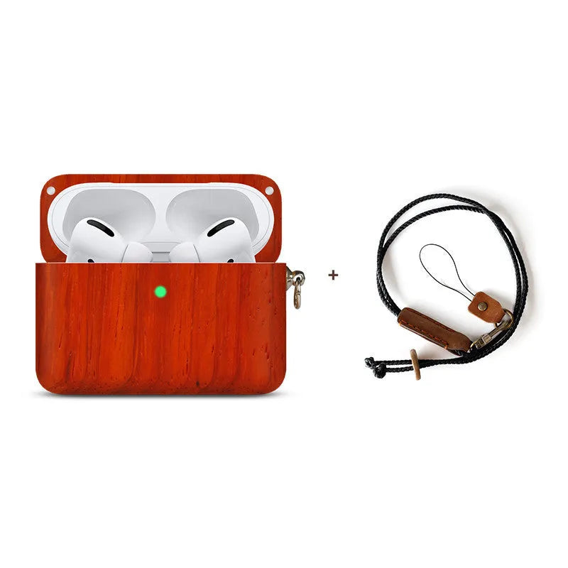 Bluetooth wireless earphones with a solid wood log shell protective case in a walnut finish.