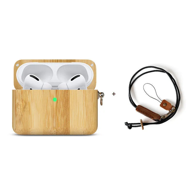 Bluetooth wireless earphones with a solid wood log shell protective case in a walnut finish.