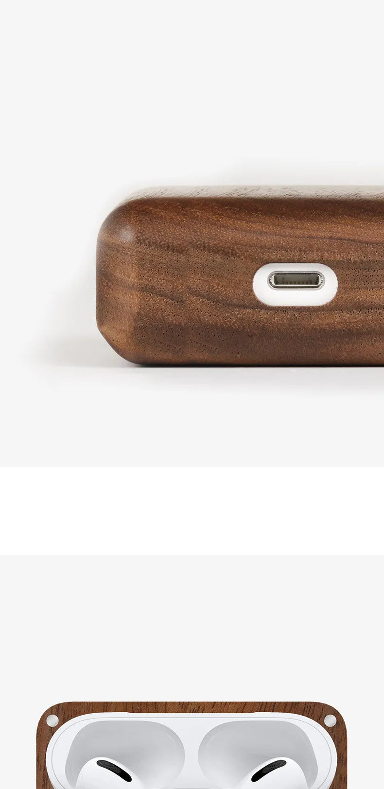 Bluetooth wireless earphones with a solid wood log shell protective case in a walnut finish.