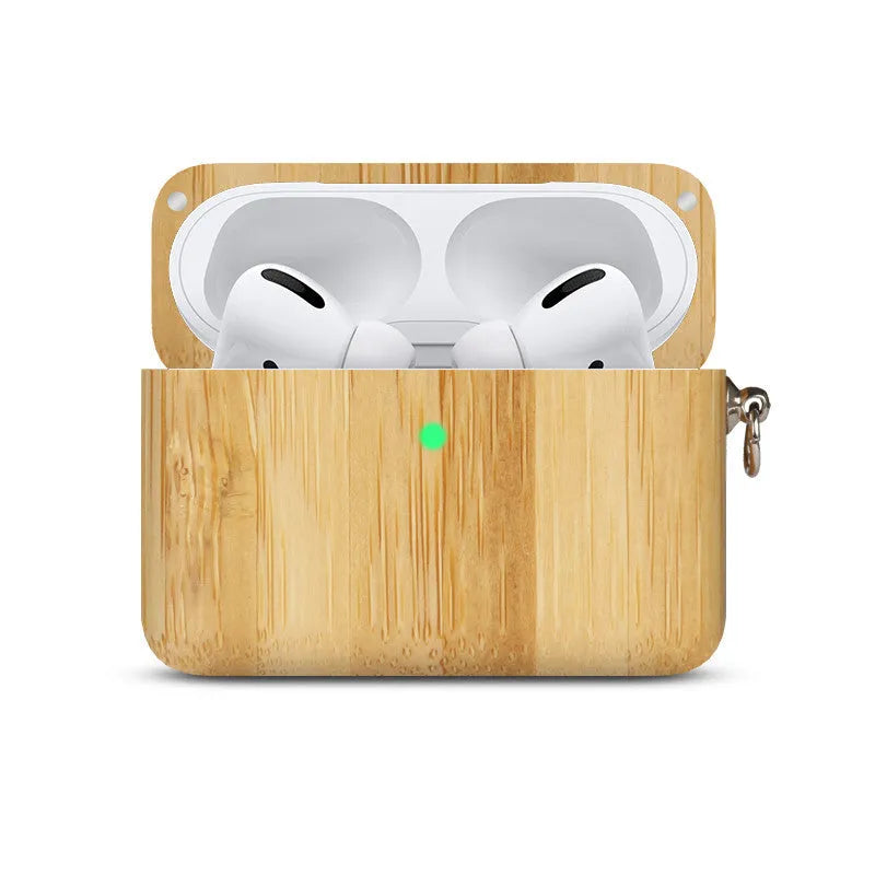 Bluetooth wireless earphones with a solid wood log shell protective case in a walnut finish.