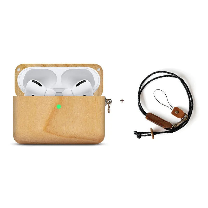 Bluetooth wireless earphones with a solid wood log shell protective case in a walnut finish.