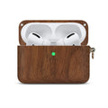 Bluetooth wireless earphones with a solid wood log shell protective case in a walnut finish.
