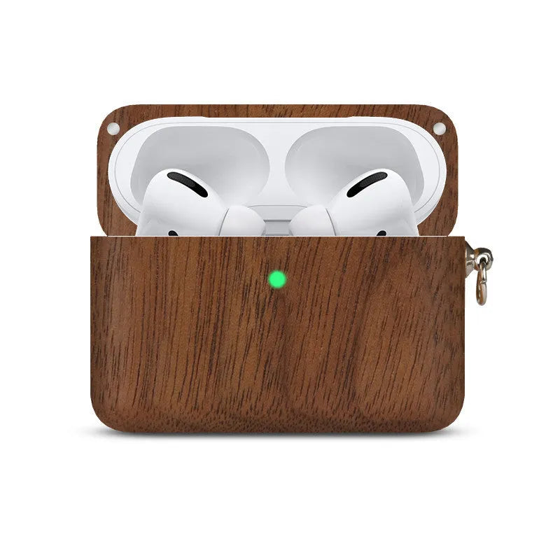 Bluetooth wireless earphones with a solid wood log shell protective case in a walnut finish.