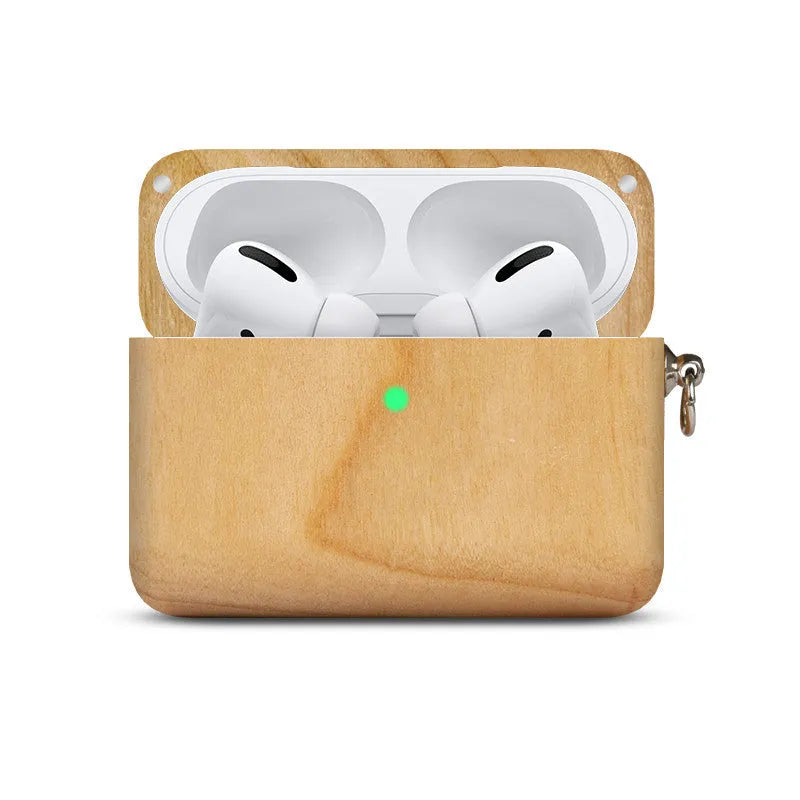Bluetooth wireless earphones with a solid wood log shell protective case in a walnut finish.