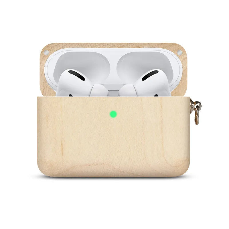 Bluetooth wireless earphones with a solid wood log shell protective case in a walnut finish.