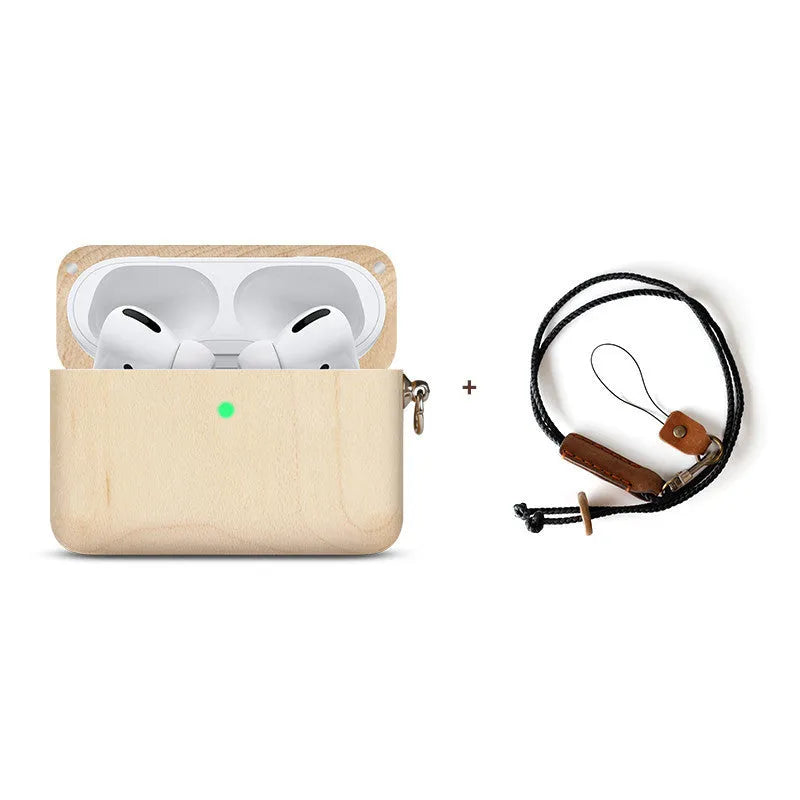 Bluetooth wireless earphones with a solid wood log shell protective case in a walnut finish.