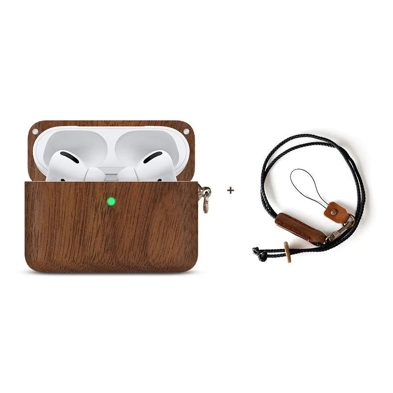 Bluetooth wireless earphones with a solid wood log shell protective case in a walnut finish.