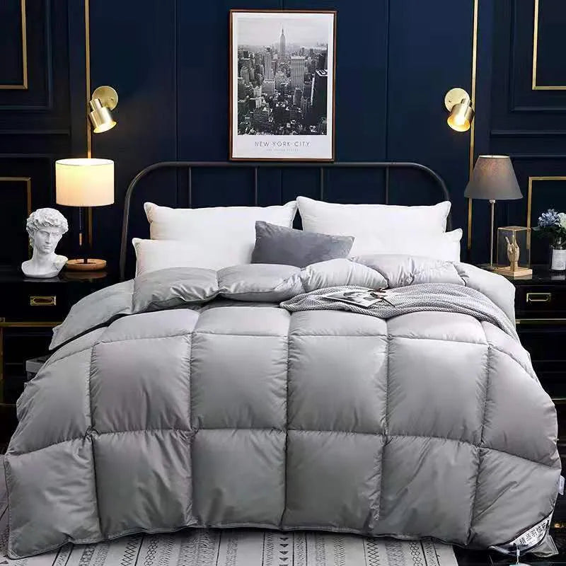 Goose down winter duvet in twill fabric showing size options and colour selections