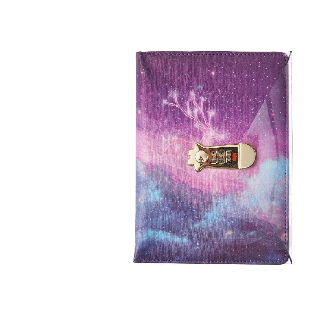 A5 lockable diary notebook with imitation leather cover in starry sky design, showing wire binding and closed lock.