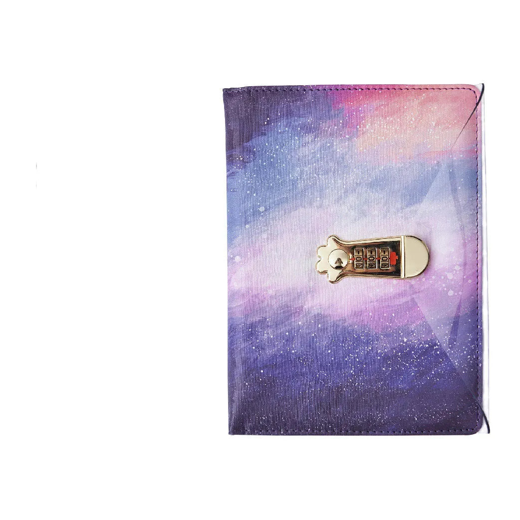 A5 lockable diary notebook with imitation leather cover in starry sky design, showing wire binding and closed lock.